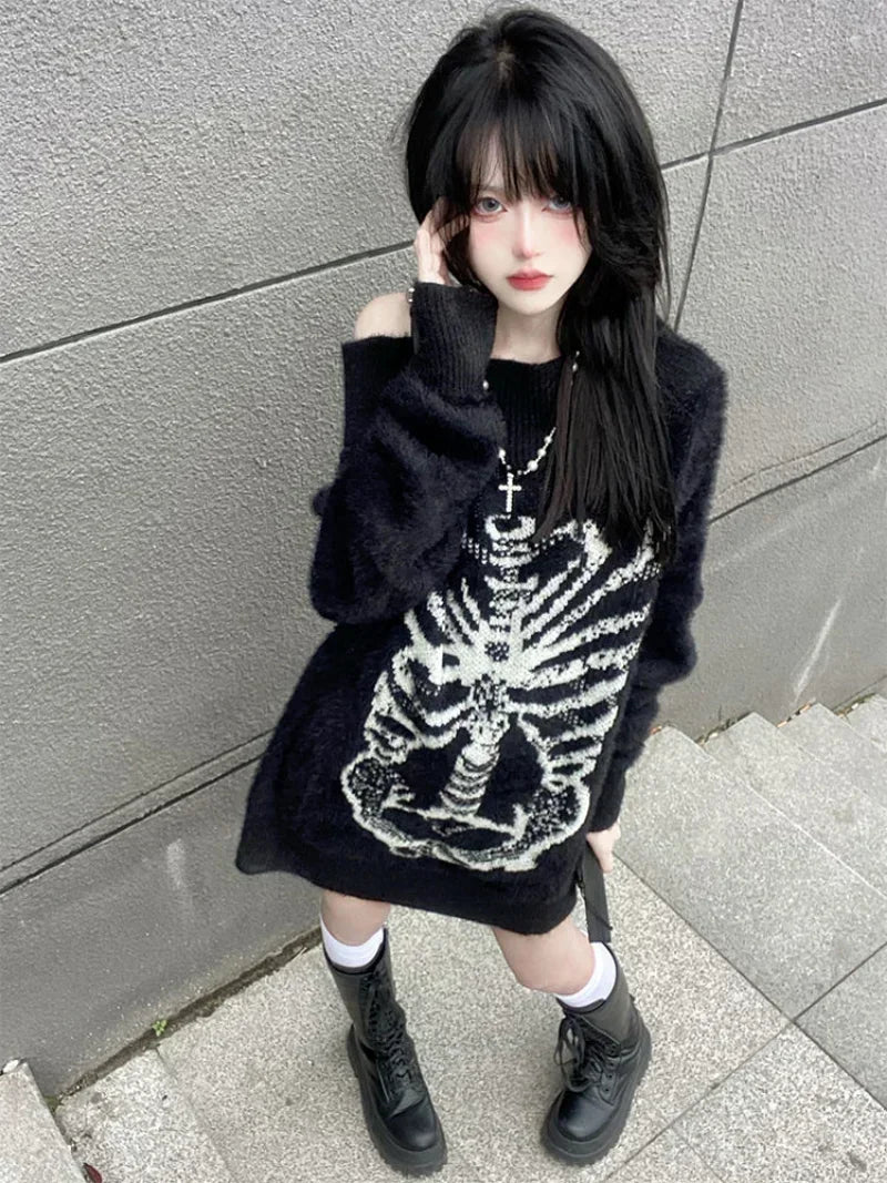 Goth Skull Print Aesthetic Women's Black Pullover Sweater