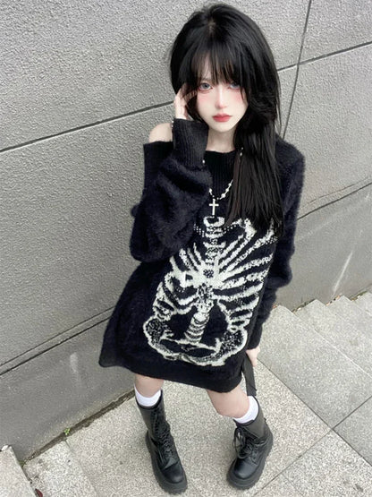 Goth Skull Print Aesthetic Women's Black Pullover Sweater