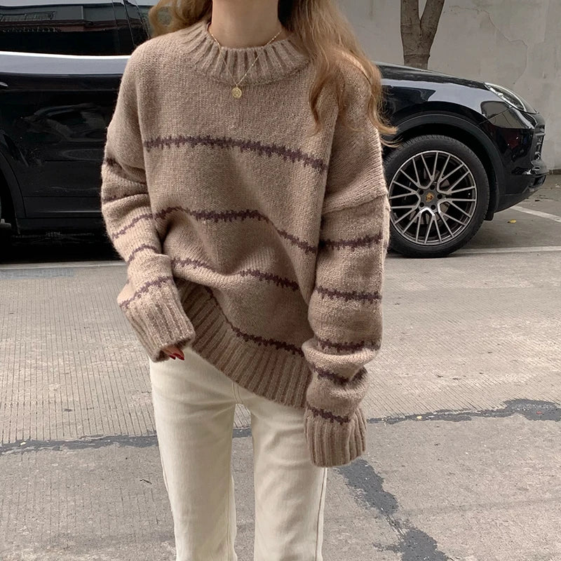 Women Casual Autumn Knitted Loose Stripped Sweater