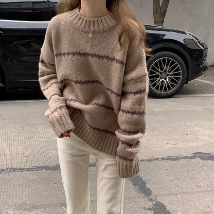 Women Casual Autumn Knitted Loose Stripped Sweater