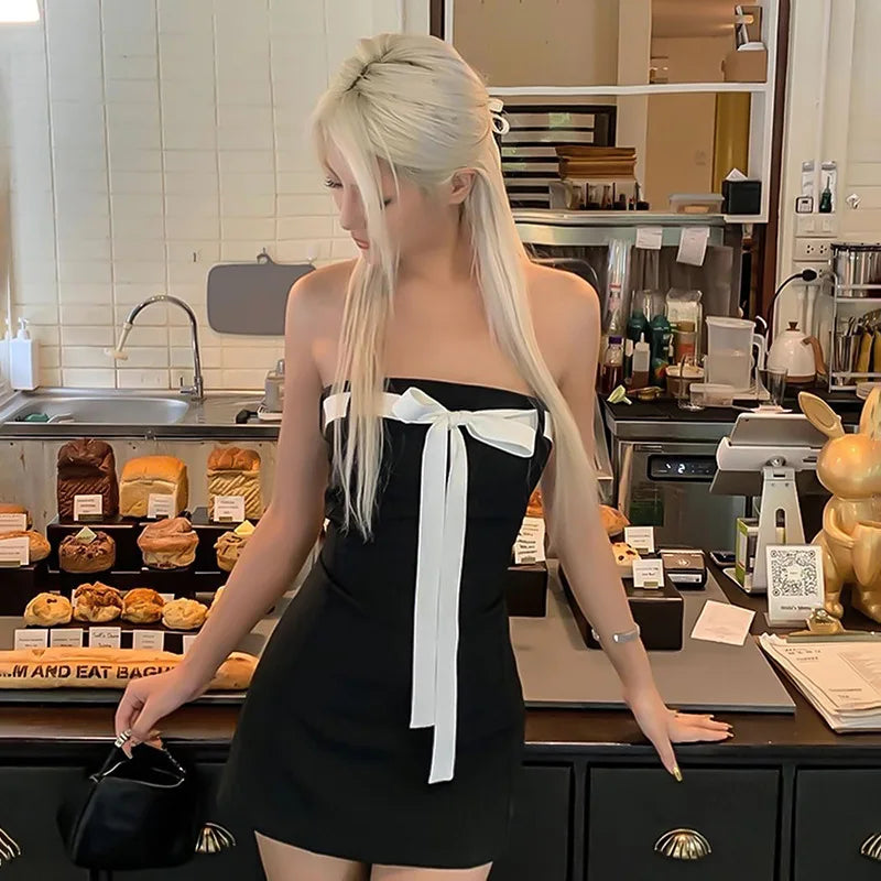 Y2K Women's Sexy Mini Bow Bandage Dress Sleeveless High Waist Sweet Style Backless A-Line Skirt Streetwear Fashion above Knee