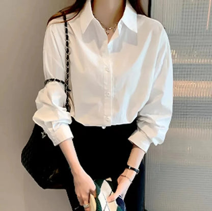 White Korean-Style Long-Sleeved Blouse for Women Casual Office Lady Shirt Loose Fit Mid-Length Turn-Down Collar Simple Women's Top