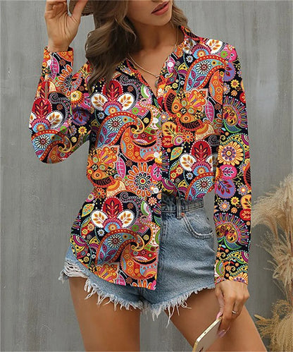 Elegant Loose Women's Blouse Casual Long Sleeve Turning down Collar Polyester Top for Holiday Weekend Fashion Midweight