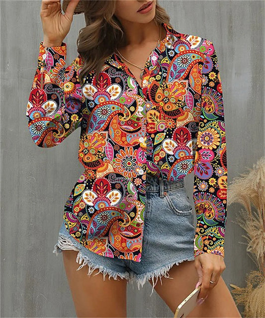 Elegant Loose Women's Blouse Casual Long Sleeve Turning down Collar Polyester Top for Holiday Weekend Fashion Midweight