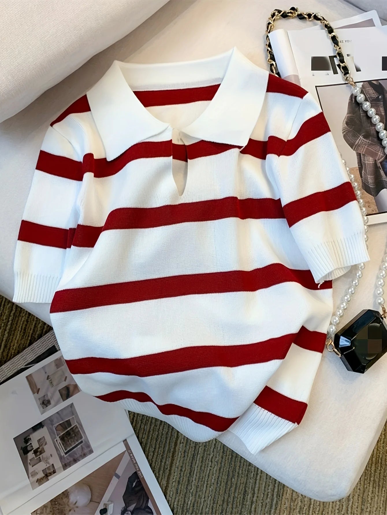 Stripped Versatile Knitted Collared Top