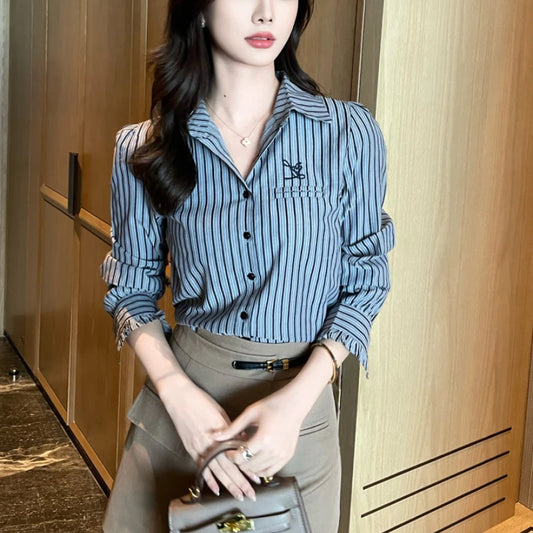 Elegant Women's Blouse Chic Office Shirt Turn-down Collar Full Sleeve Polyester Spandex Blend Regular Fit Striped Pattern