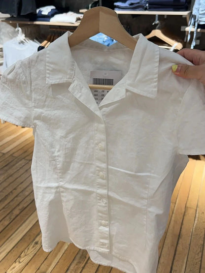 White Cotton Blouse T-Shirt for Women Summer Peter Pan Collar Short Sleeve Slim Fit Casual Cute Lace-Up Crop Top