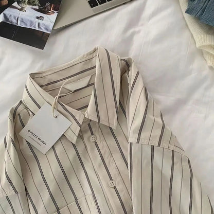 Apricot Spring Long-sleeved Striped Top Blouse