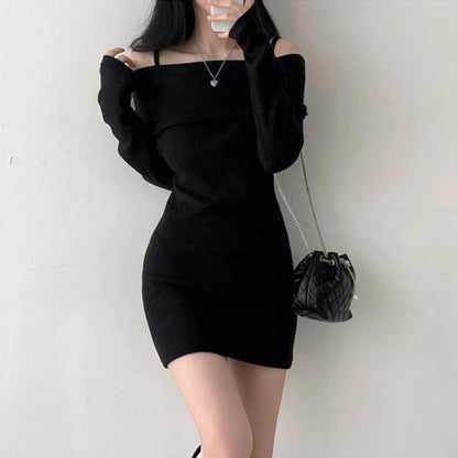 Y2K Women's Knitted Mini Dress Off-Shoulder Spaghetti Strap Long Sleeve Slim Fit above Knee Korean Sexy Spring Dress