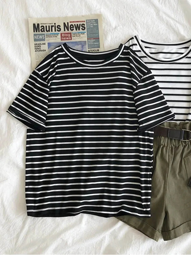Cute Short Sleeve Korean Stripped Casual Shirt