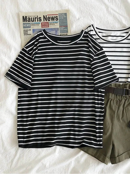 Cute Short Sleeve Korean Stripped Casual Shirt