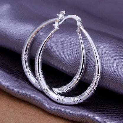 925 Sterling Silver Hoop Engraved Stripped Design Earrings