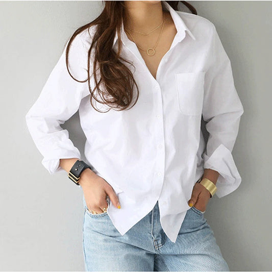 Fashion Women's Cotton Blouse White Shirt Casual OL Style Long Sleeve Top Turn-down Collar Midweight Knit Blusas Mujer De Moda