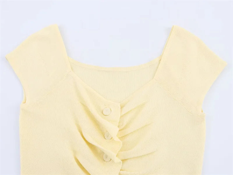 Women's Light Yellow Ruffle Trim Knit Blouse Large Neckline Casual Fashion Spring 2025 Short Sleeve Versatile Top