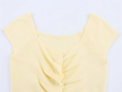 Women's Light Yellow Ruffle Trim Knit Blouse Large Neckline Casual Fashion Spring 2025 Short Sleeve Versatile Top