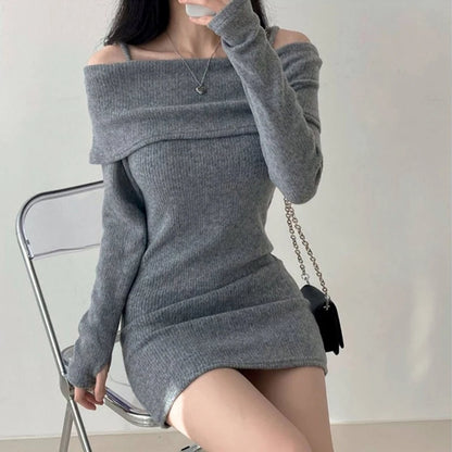 Y2K Women's Knitted Mini Dress Off-Shoulder Spaghetti Strap Long Sleeve Slim Fit above Knee Korean Sexy Spring Dress