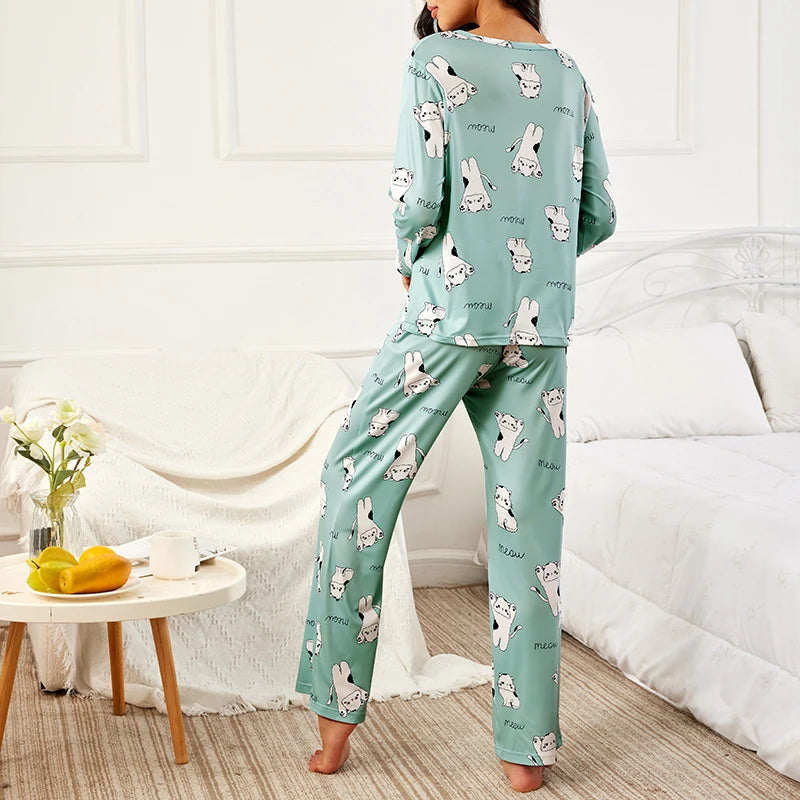 Spring Green Cat Collided Pajamas Top & Pants