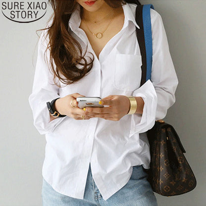 Fashion Women's Cotton Blouse White Shirt Casual OL Style Long Sleeve Top Turn-down Collar Midweight Knit Blusas Mujer De Moda