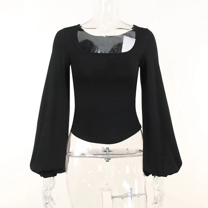 Women's Black Elegant Casual Blouse Long Sleeve Lantern Shirt Slim Fit Square Collar All-Match Solid Color T-Shirt